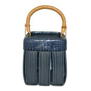 Parmentier Pottery Ceramic Basket Blue With Bamboo Handle